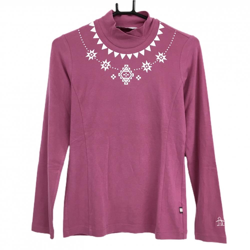 マンシングウェア 長袖ハイネックシャツ ピンク×白 ロゴプリント  レディース M ゴルフウェア Munsingwear