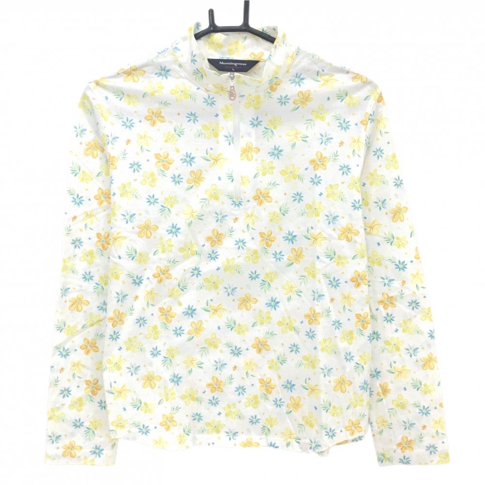 【美品】マンシングウェア 長袖ハイネックシャツ 白×イエロー 花柄 ハーフジップ  レディース L ゴルフウェア Munsingwear