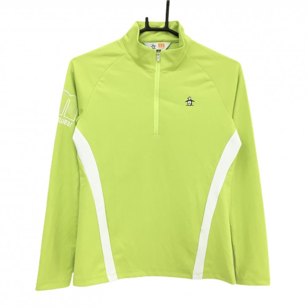 【超美品】マンシングウェア 長袖ハイネックシャツ イエローグリーン×白 ハーフジップ レディース M ゴルフウェア Munsingwear