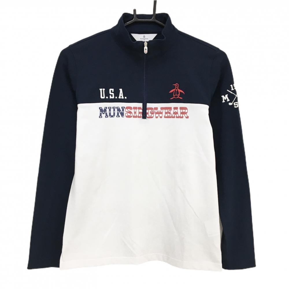 【美品】マンシングウェア 長袖ハイネックシャツ 白×ネイビー ハーフジップ ペンギン刺しゅう レディース M ゴルフウェア Munsingwear