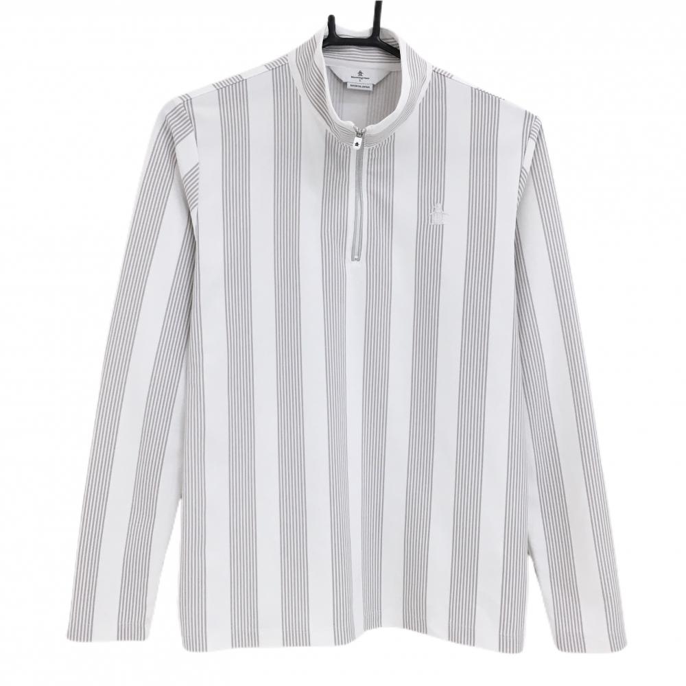 マンシングウェア 長袖ハイネックシャツ 白×グレー ストライプ ハーフジップ  レディース L ゴルフウェア Munsingwear