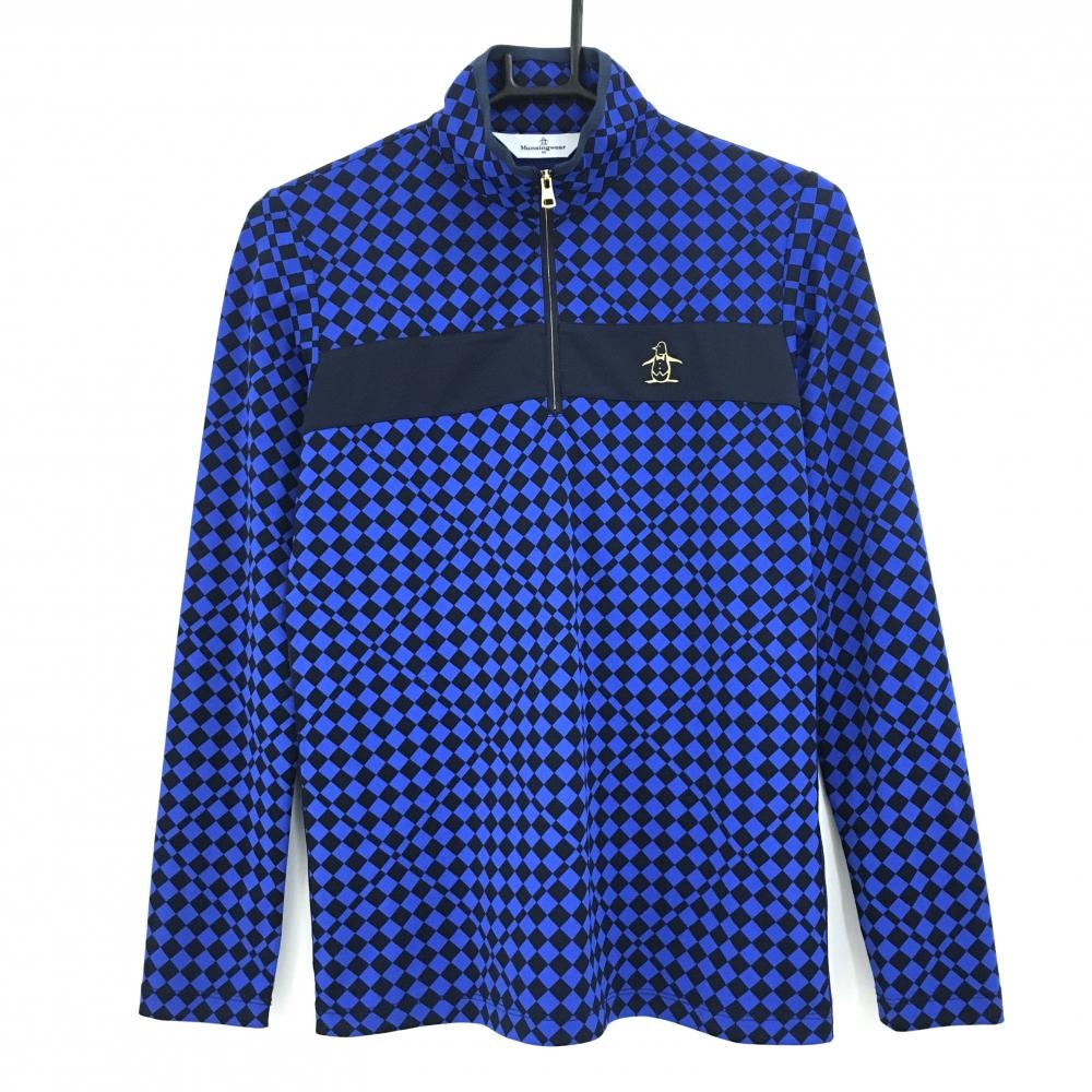 【超美品】マンシングウェア 長袖ハイネックシャツ ブルー×黒 ダイヤ総柄 ハーフジップ レディース M ゴルフウェア Munsingwear