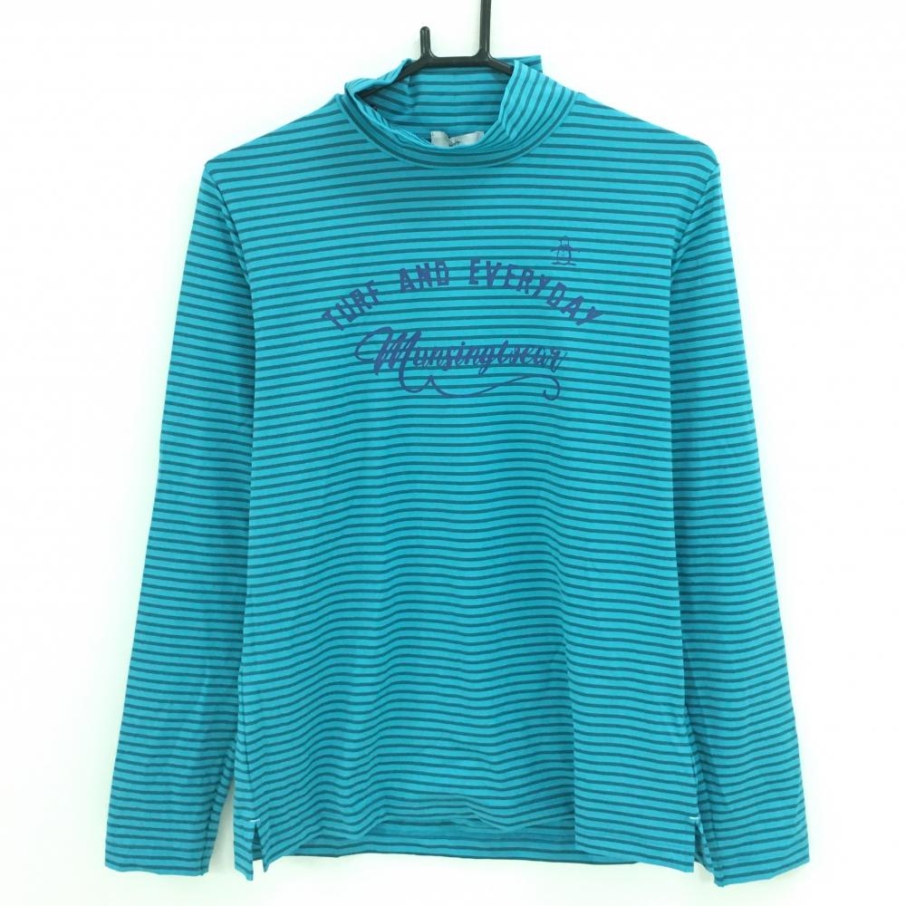 【美品】マンシングウェア 長袖ハイネックシャツ グリーンブルー×グレー系 ボーダー胸ロゴプリン レディース LL ゴルフウェア Munsingwear