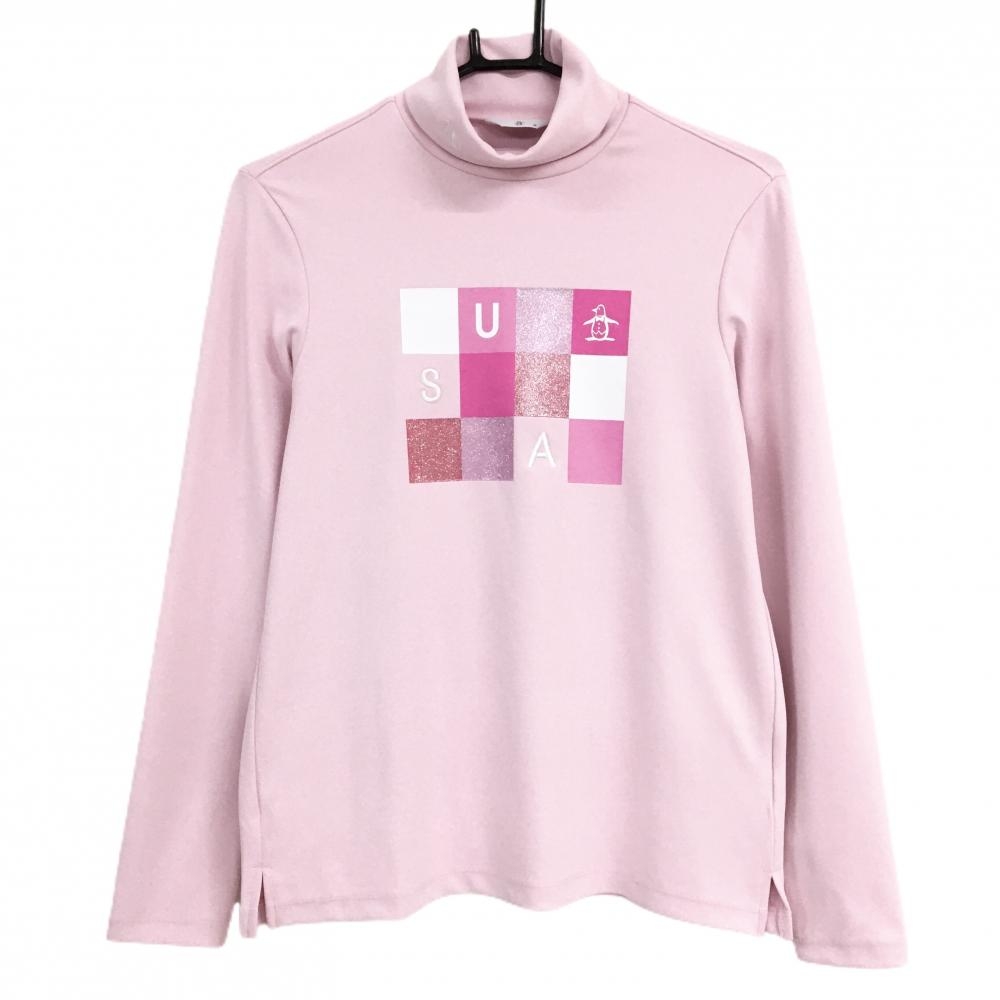 【美品】マンシングウェア 長袖タートルネックシャツ ライトピンク フロントプリント ストレッチ レディース M ゴルフウェア Munsingwear