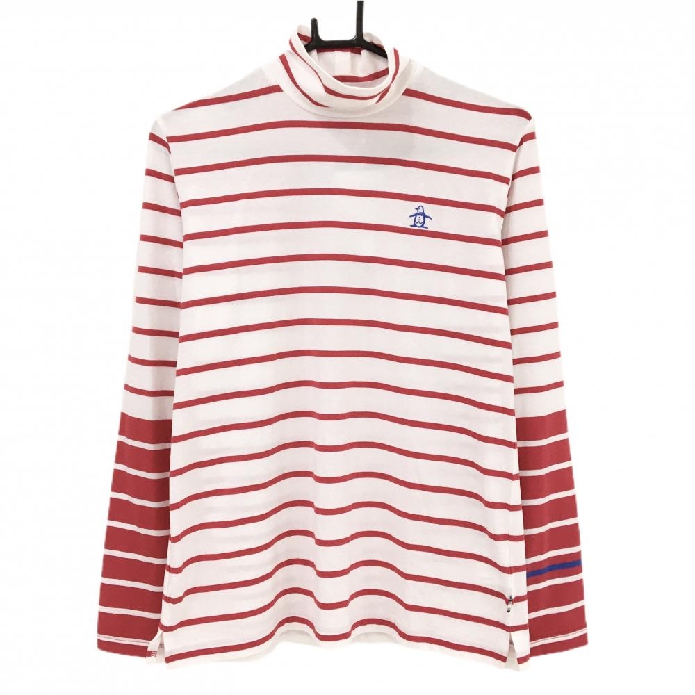 【新品】マンシングウェア 長袖ハイネックシャツ 白×レッドピンク系 ボーダー ストレッチ レディース LL ゴルフウェア Munsingwear