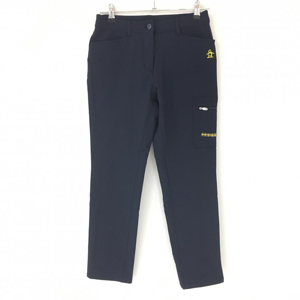 【超美品】マンシングウェア パンツ ネイビー×イエロー ロゴ刺しゅう レディース 9 ゴルフウェア Munsingwear