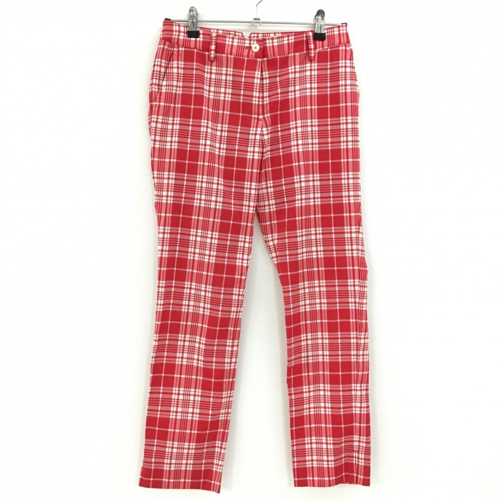 【超美品】マンシングウェア パンツ レッド×白 チェック ストレッチ レディース 9 ゴルフウェア Munsingwear