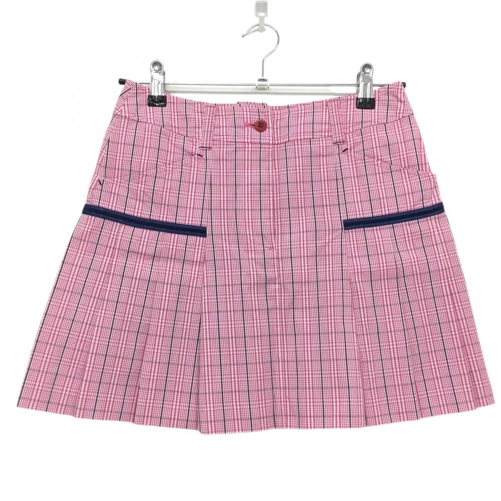 【超美品】マンシングウェア×ディズニースポーツ スカート ピンク×白 チェック 裾プリーツ レディース 7 ゴルフウェア Munsingwear