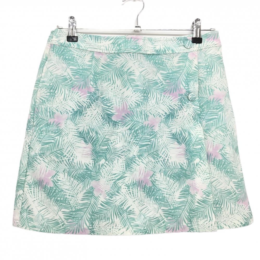 【美品】マンシングウェア スカート グリーン×白 リーフ柄 花 レディース 11 ゴルフウェア Munsingwear