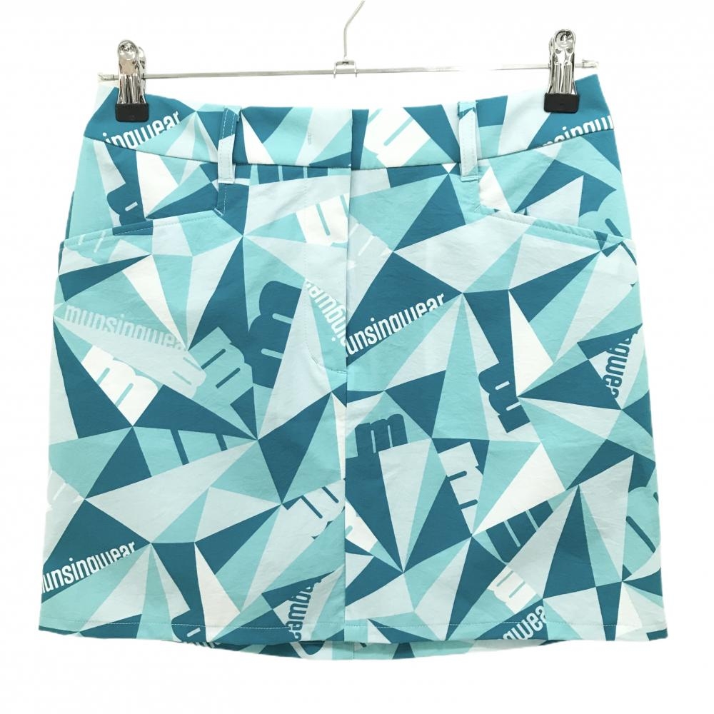 【超美品】マンシングウェア スカート ブルーグリーン×白 総柄 ロゴ刺しゅう 内側インナーパンツ レディース 9 ゴルフウェア Munsingwear