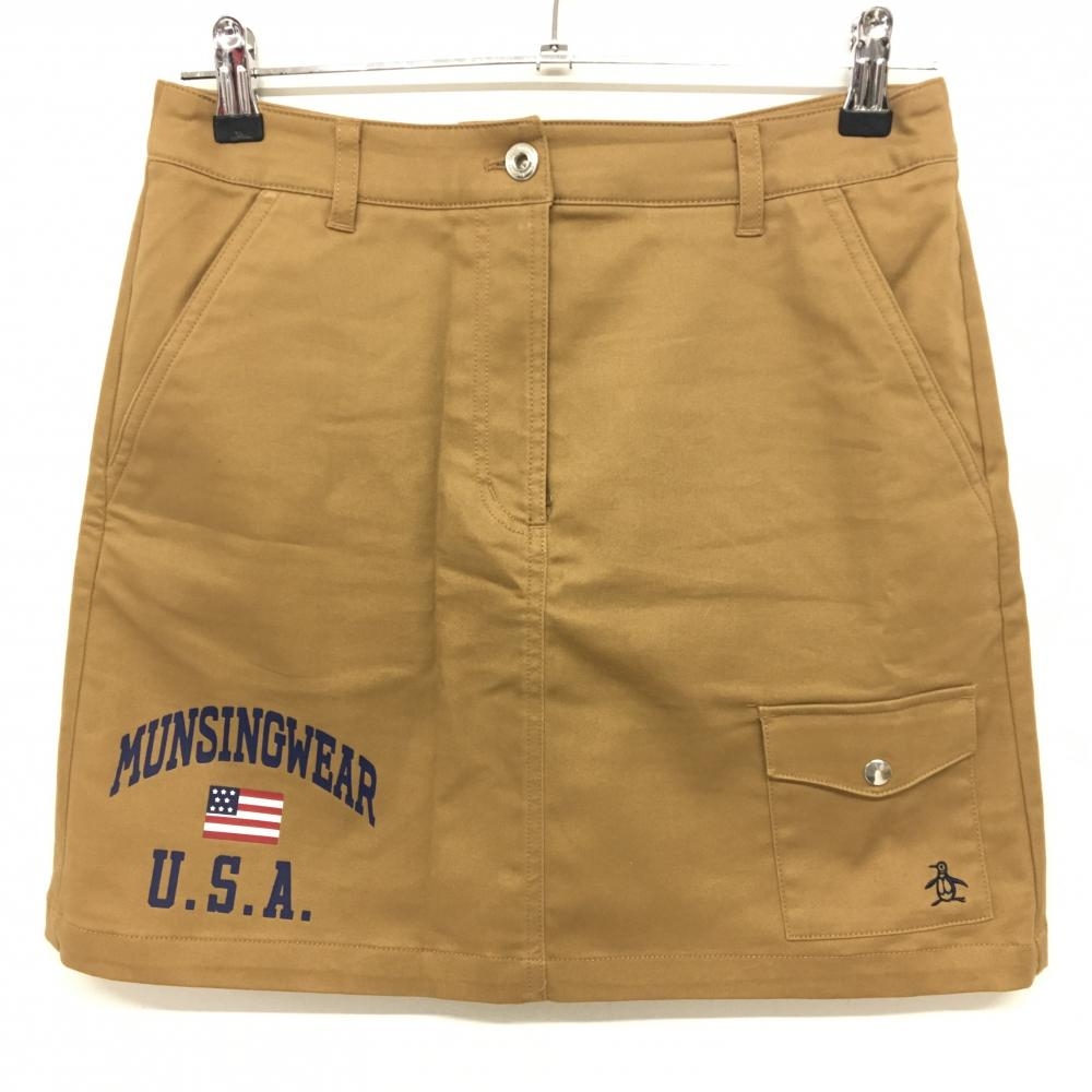 【美品】マンシングウェア スカート ライトブラウン×ネイビー ロゴ刺しゅう 微起毛 レディース 9 ゴルフウェア Munsingwear