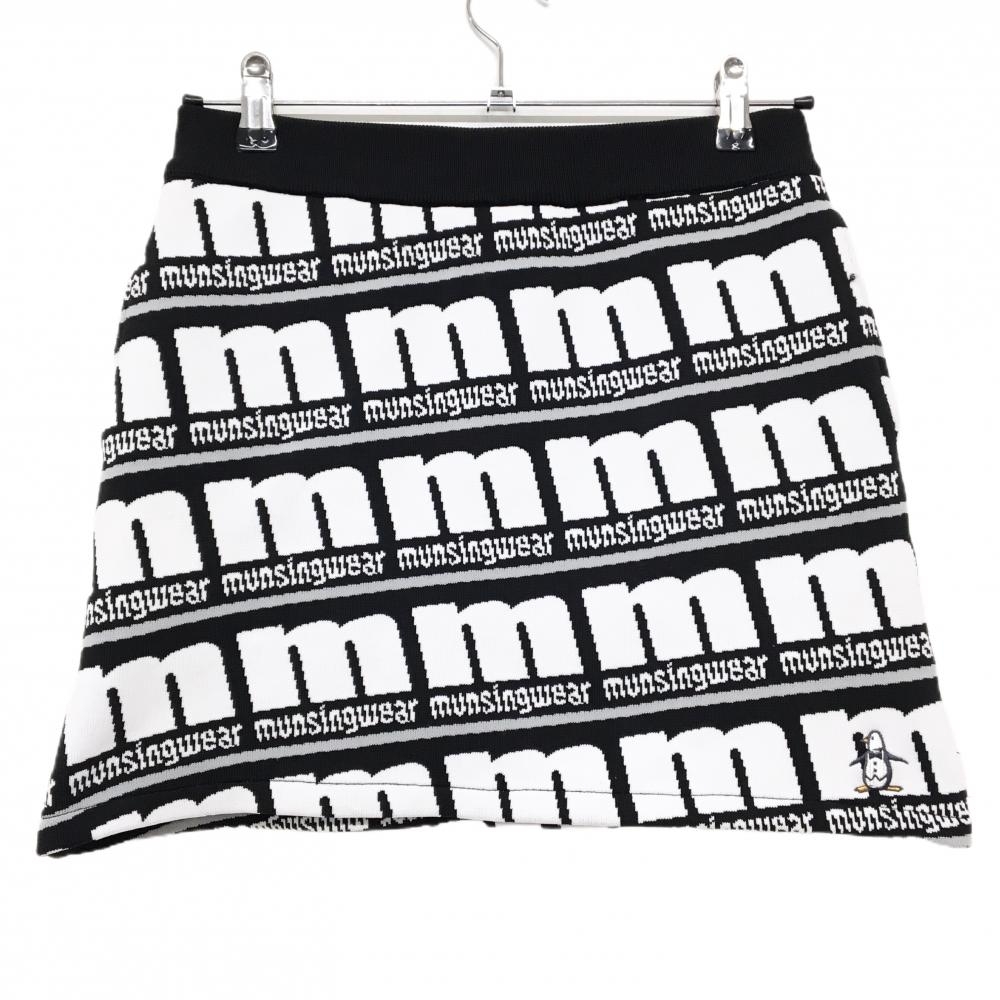 【超美品】マンシングウェア ニットスカート 白×黒 ロゴ総柄 ウエストゴム 裏地付 レディース S ゴルフウェア Munsingwear