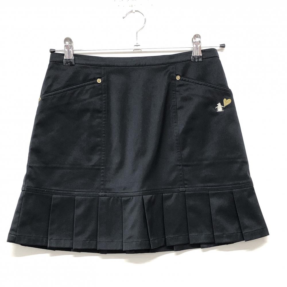 【超美品】マンシングウェア スカート 黒 裾プリーツ ゴールドハート刺しゅう レディース 7 ゴルフウェア Munsingwear