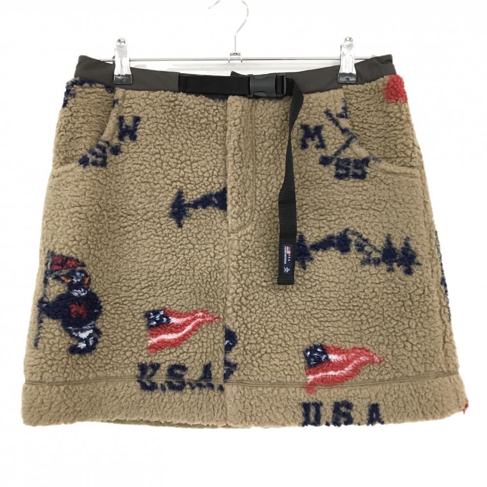 【美品】マンシングウェア ボアスカート ブラウン系×ネイビー ペンギン・ロゴ総柄 裏地メッシュ レディース L ゴルフウェア Munsingwear