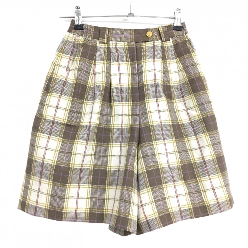 【美品】マンシングウェア キュロットスカート ブラウン系×ベージュ チェック ウール 裏地付 レディース S ゴルフウェア Munsingwear
