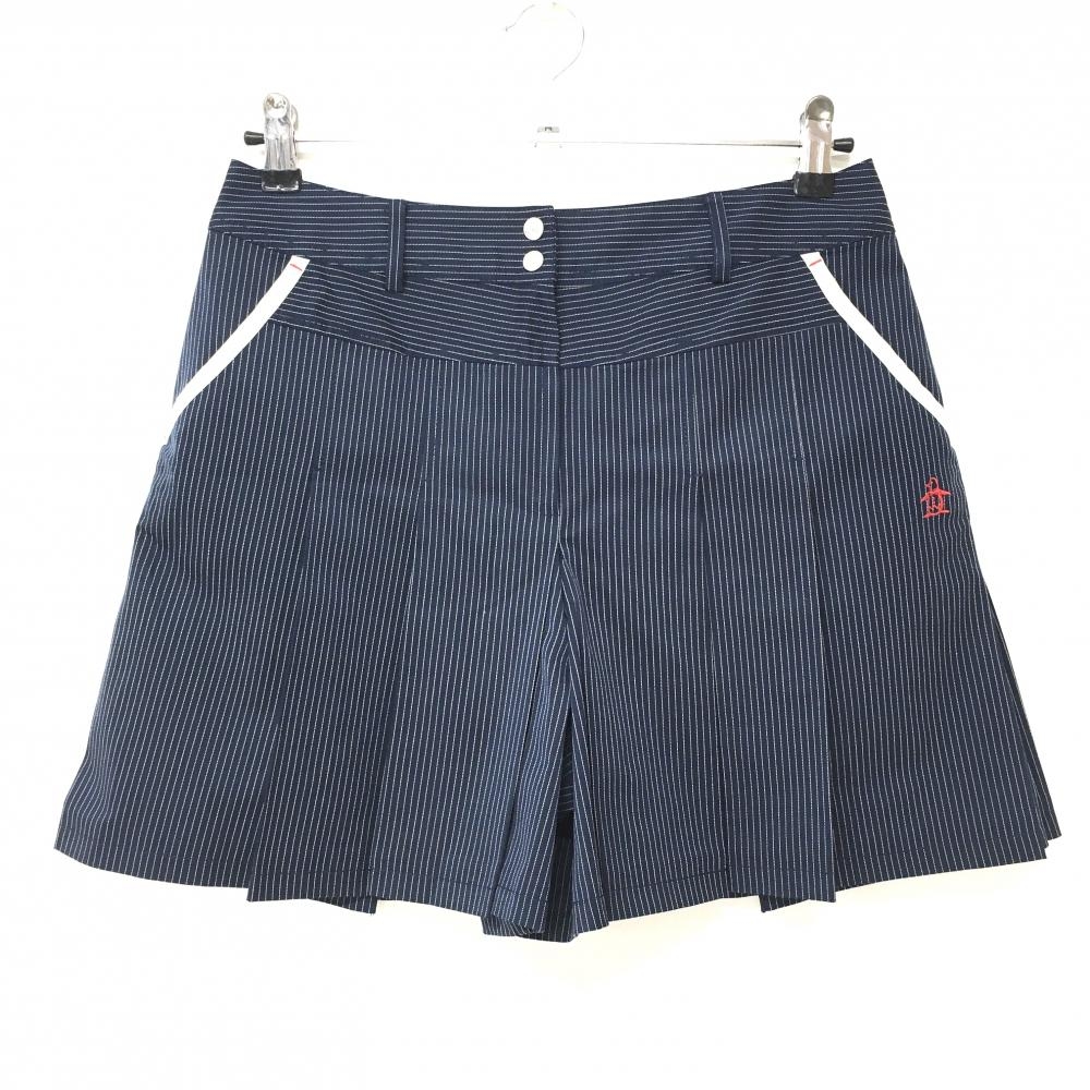 【超美品】マンシングウェア キュロットスカート ネイビー×白 ストライプ 裾プリーツ  レディース 11 ゴルフウェア Munsingwear
