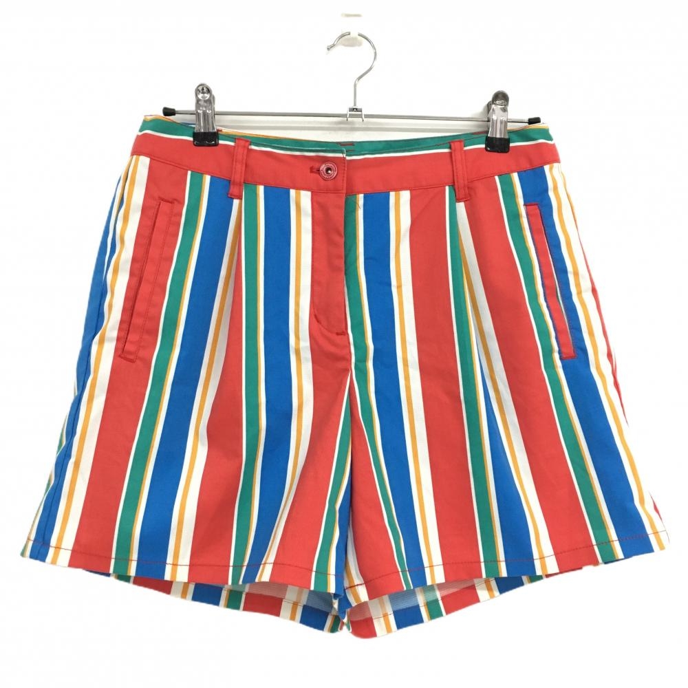 【美品】マンシングウェア キュロットスカート レッド×ブルー ストライプ バックロゴ レディース 15 ゴルフウェア Munsingwear