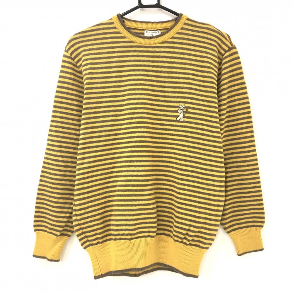【美品】MUスポーツ セーター イエロー×ブラウン ボーダー 後ろポケット ニット レディース 40(M) ゴルフウェア M・U SPORTS