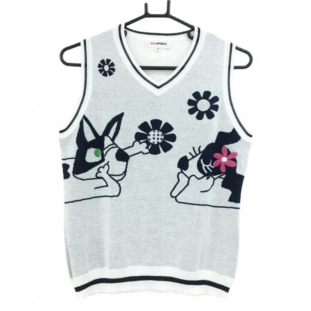 【美品】MUスポーツ ニットベスト  白×ネイビー フロントロゴ 綿100％ Vネック レディース 40(M) ゴルフウェア M・U SPORTS
