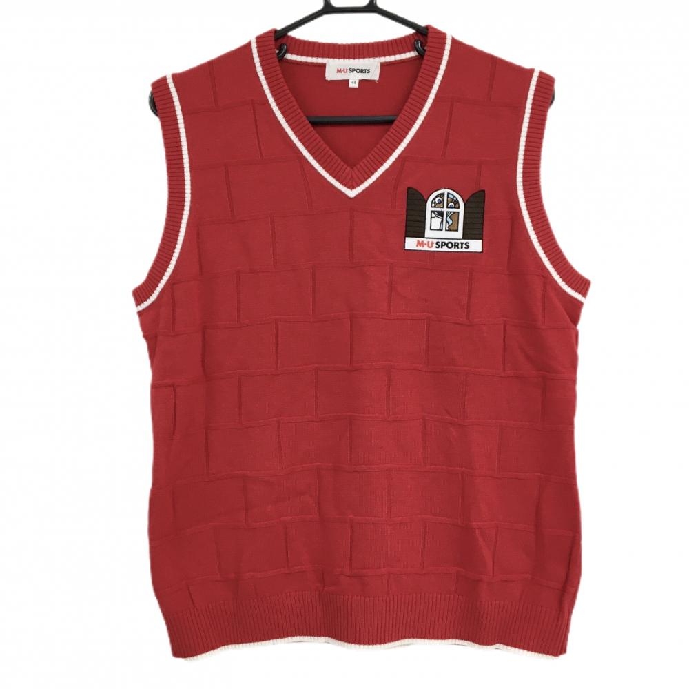 【美品】MUスポーツ ニットベスト レッド×白 地模様 胸元刺しゅう Vネック ウール混  レディース 44(XL) ゴルフウェア M・U SPORTS