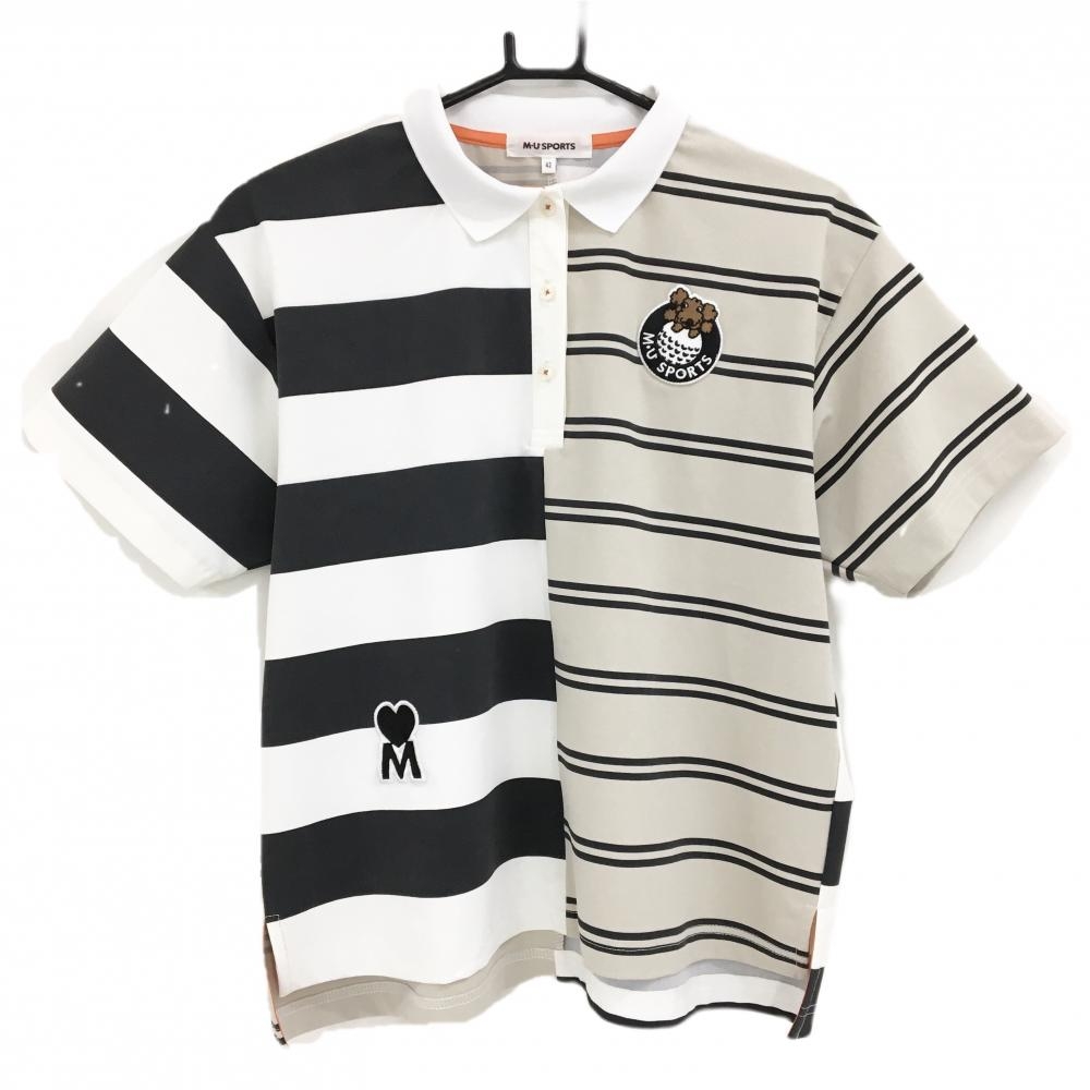 MUスポーツ 半袖ポロシャツ 黒×白×ベージュ ボーダー レディース 42(L) ゴルフウェア M・U SPORTS