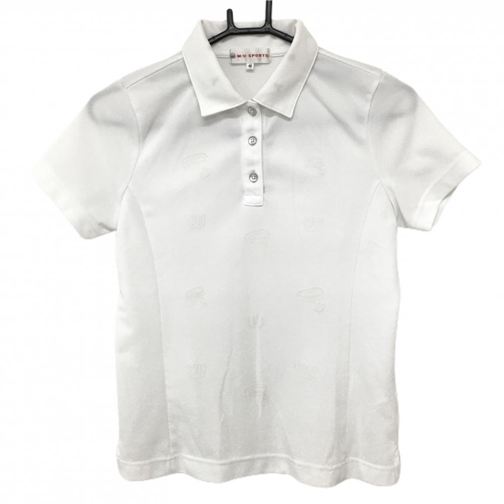 【美品】MUスポーツ 半袖ポロシャツ 白 フロントロゴ地模様 レディース 40(M) ゴルフウェア M・U SPORTS