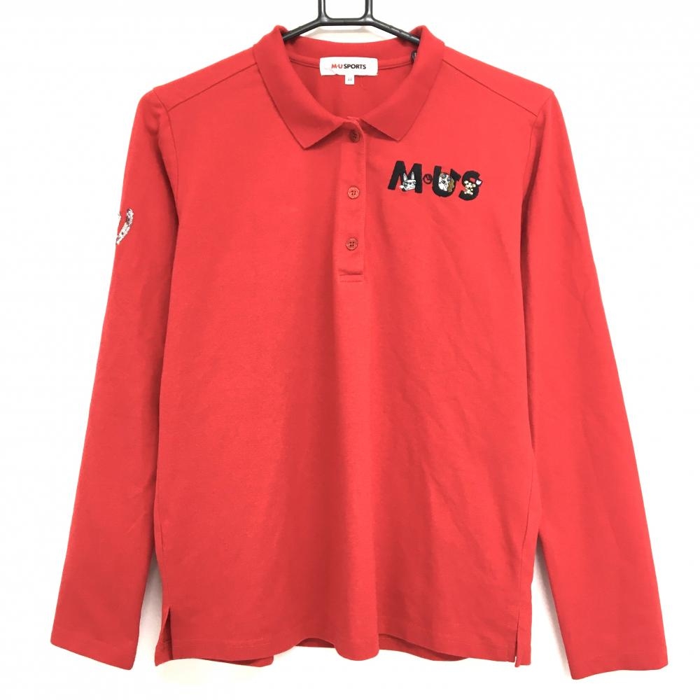 【美品】MUスポーツ 長袖ポロシャツ レッド 犬刺しゅう 袖スパンコールロゴ レディース 44(XL) ゴルフウェア M・U SPORTS