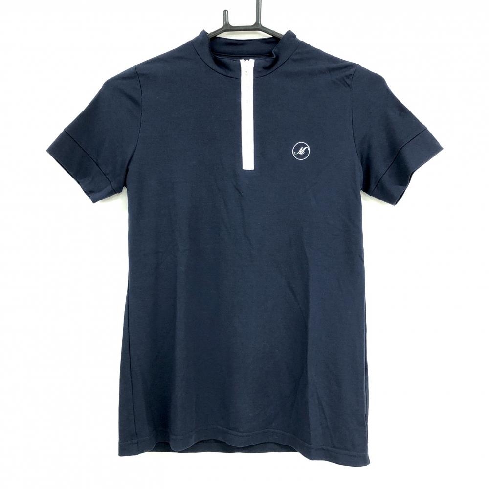 【美品】MUスポーツ 半袖シャツ ネイビー×白 ハーフジップ 胸元刺しゅう レディース 40(M) ゴルフウェア M・U SPORTS