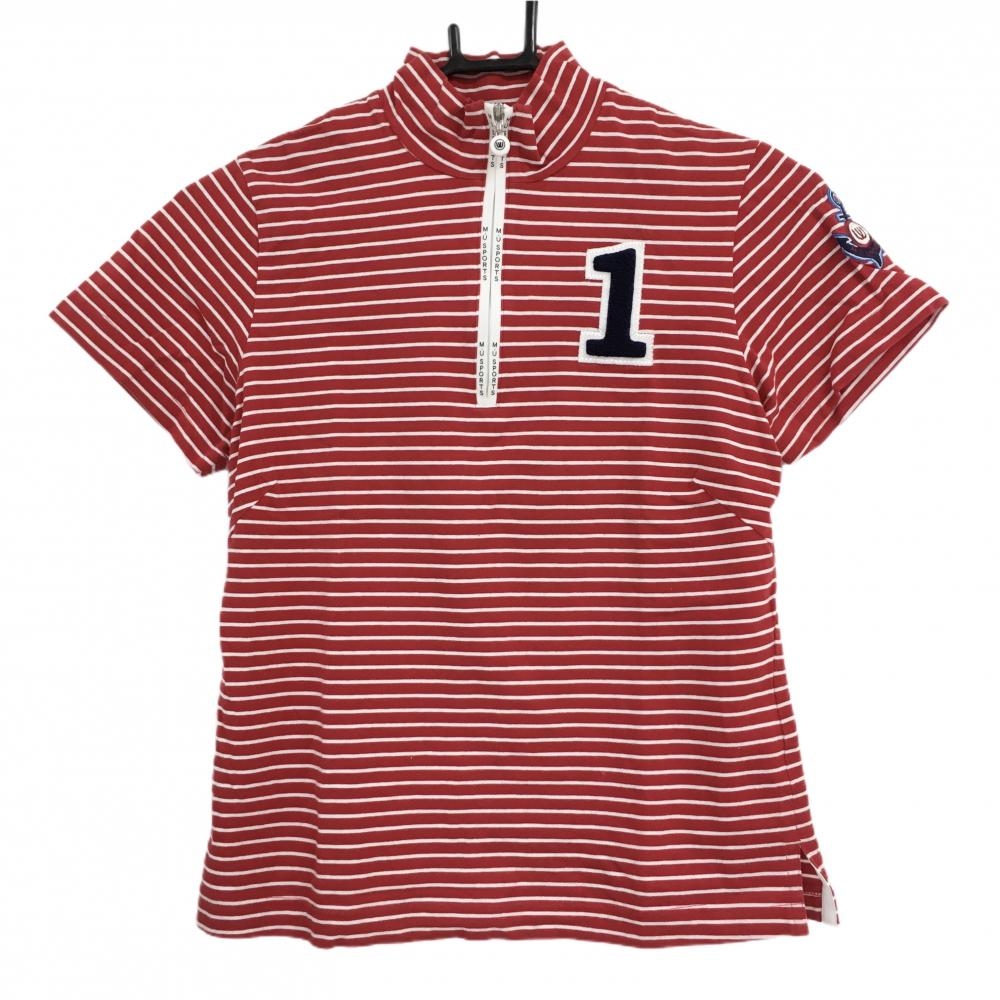 【美品】MUスポーツ 半袖ハイネックシャツ レッド×白 ボーダー ハーフジップ レディース 40(M) ゴルフウェア M・U SPORTS