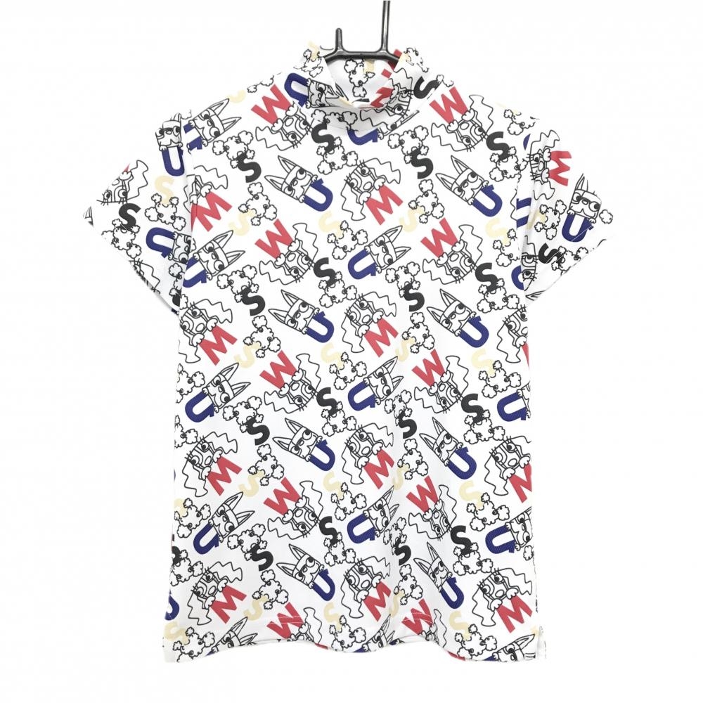 【超美品】MUスポーツ 半袖ハイネックシャツ 白×黒 ドッグ・ロゴ総柄  レディース 42(L) ゴルフウェア M・U SPORTS