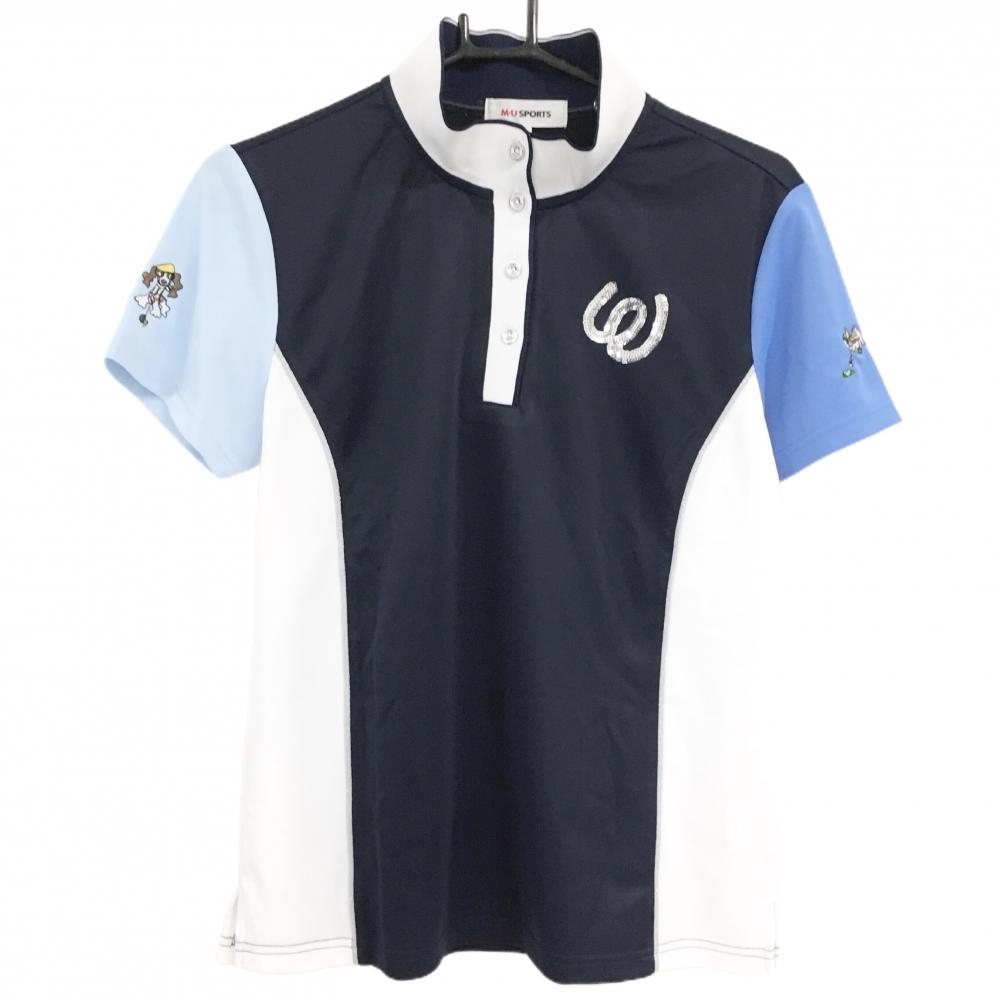 【新品】MUスポーツ 半袖ハイネックシャツ ネイビー×白 スパンコールロゴ 半袖ポロシャツ レディース 44(XL) ゴルフウェア M・U SPORTS