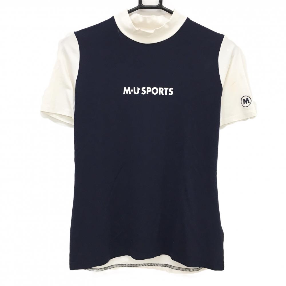 MUスポーツ 半袖ハイネックシャツ 白×ネイビー バイカラー レディース 40(M) ゴルフウェア M・U SPORTS