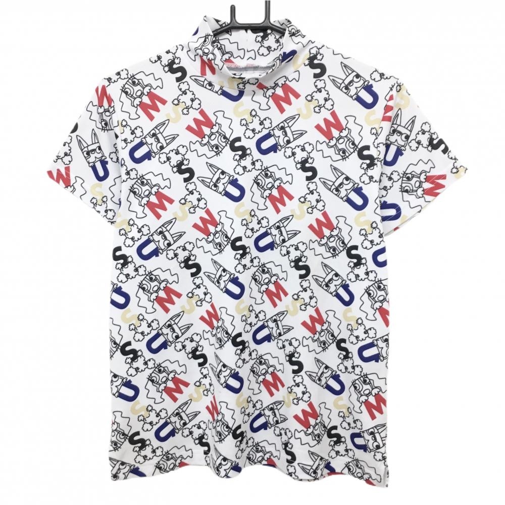 MUスポーツ 半袖ハイネックシャツ 白×黒×レッド ドッグ総柄 英字総柄 レディース 44(XL) ゴルフウェア M・U SPORTS