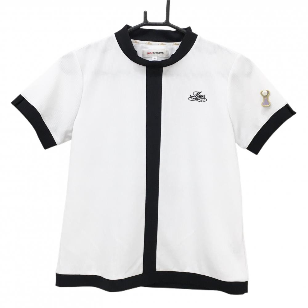 【美品】MUスポーツ 半袖ハイネックシャツ 白×黒 バイカラー ロゴ刺しゅう レディース 40(M) ゴルフウェア M・U SPORTS
