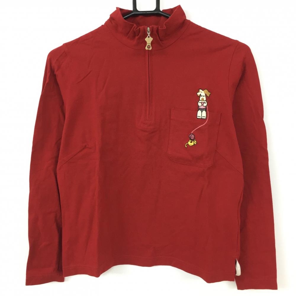【超美品】MUスポーツ 長袖ハイネックシャツ レッド ドッグ刺しゅう 胸ポケット ハーフジップ レディース 40 ゴルフウェア M・U SPORTS