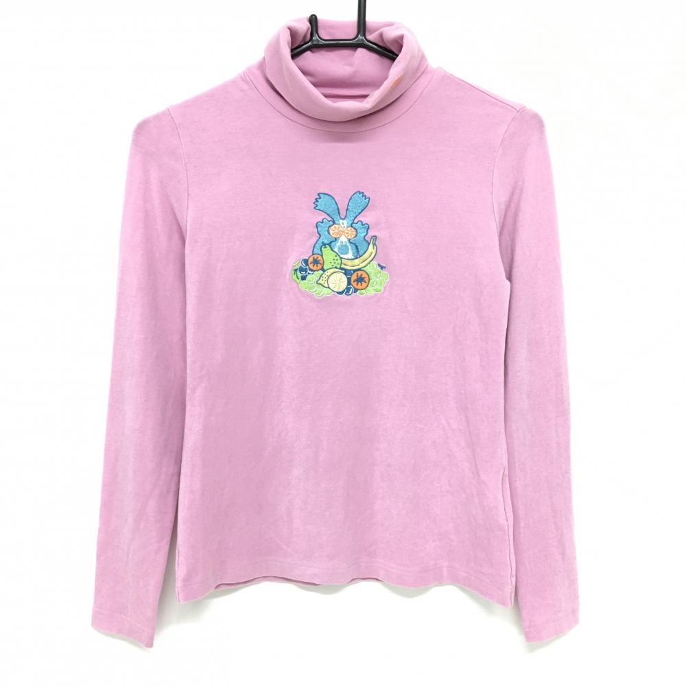 【美品】ノイジーノイジー 長袖ハイネックシャツ ピンク×ライトブルー フルーツ刺しゅう レディース 38(S) ゴルフウェア M・U SPORTS