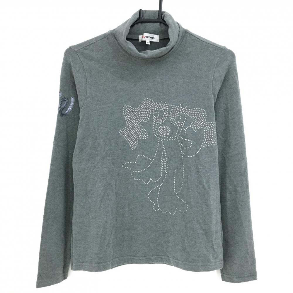 【超美品】MUスポーツ 長袖タートルネックシャツ 杢グレー 微起毛 フロントロゴ  レディース 40(M) ゴルフウェア M・U SPORTS