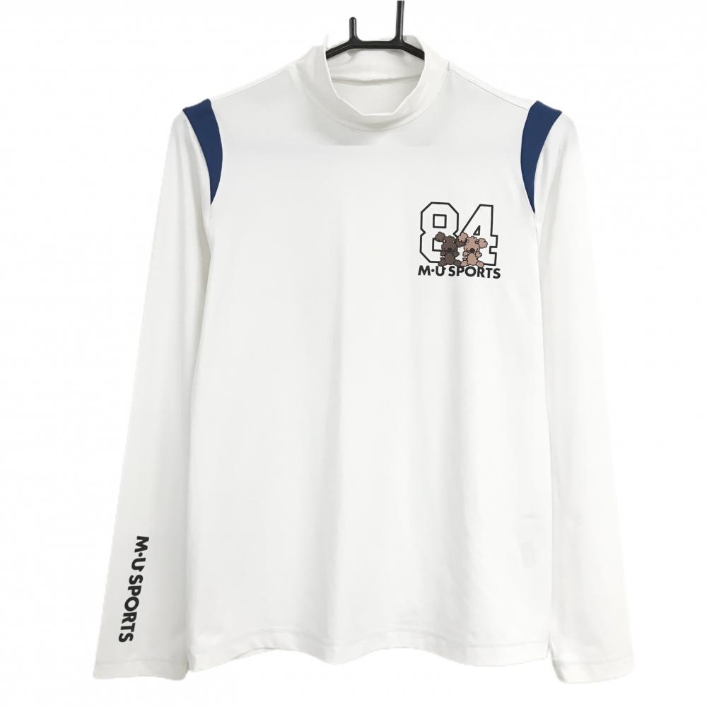 【美品】MUスポーツ 長袖ハイネックシャツ 白 ロゴプリント レディース 42(L) ゴルフウェア M・U SPORTS