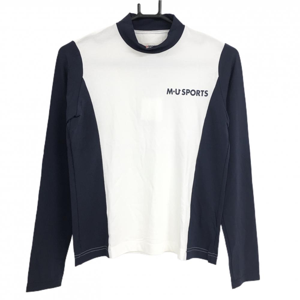 【新品】MUスポーツ 長袖ハイネックシャツ 白×ネイビー 切替  レディース 38(S) ゴルフウェア M・U SPORTS