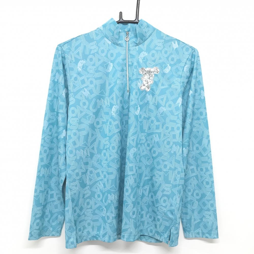 【新品】MUスポーツ 長袖ハイネックシャツ ライトブルー 総柄 ハーフジップ スパンコール  レディース 44(XL) ゴルフウェア M・U SPORTS
