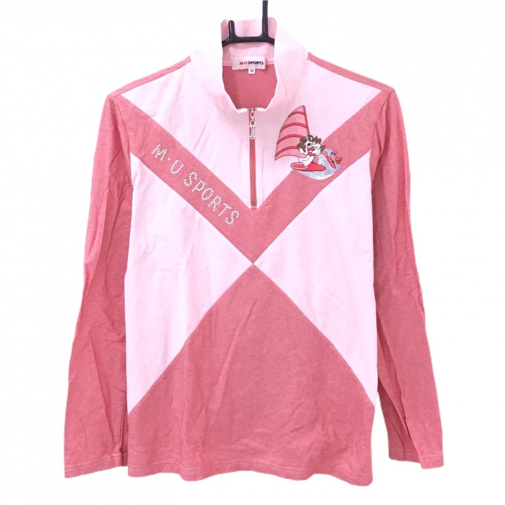 【美品】MUスポーツ 長袖ハイネックシャツ 杢レッド×ピンク ラインストーンロゴ レディース 44(XL) ゴルフウェア M・U SPORTS