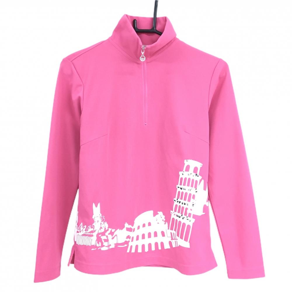MUスポーツ 長袖ハイネックシャツ ピンク×白 ハーフジップ レディース 40(M) ゴルフウェア M・U SPORTS