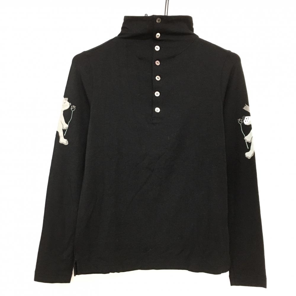 【超美品】ミエコウエサコ 長袖ハイネックシャツ 黒 袖プリント ネックボタン レディース 40(M) ゴルフウェア M・U SPORTS