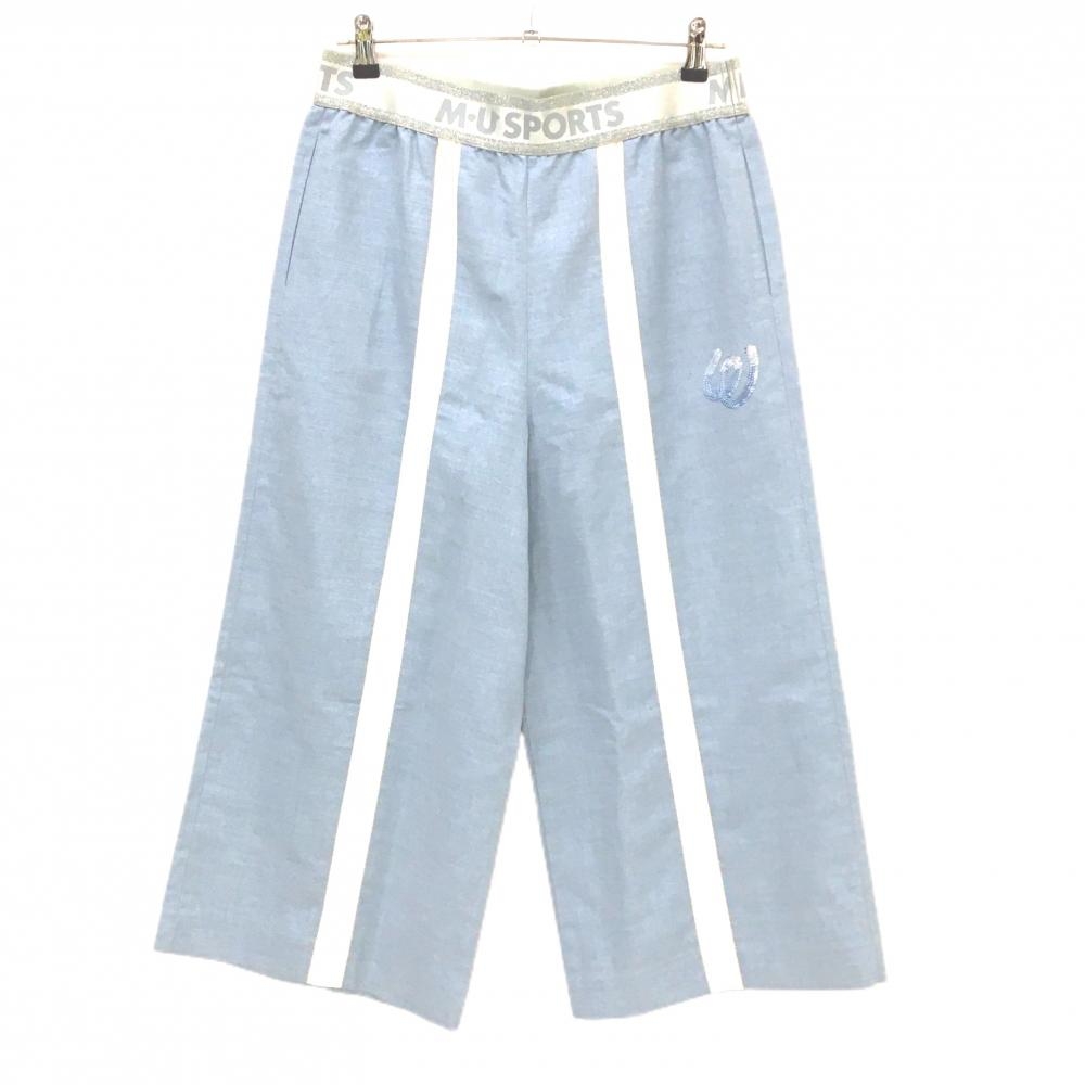 【超美品】MUスポーツ 七分丈ワイドパンツ ライトブルー×白 フロントライン  レディース 44(XL) ゴルフウェア M・U SPORTS