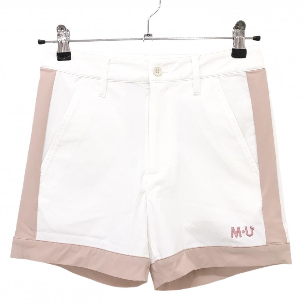 【新品】MUスポーツ ショートパンツ 白×ピンク バイカラー 裾ロゴ ボーンワッペン ストレッチ レディース 42(L) ゴルフウェア M・U SPORTS