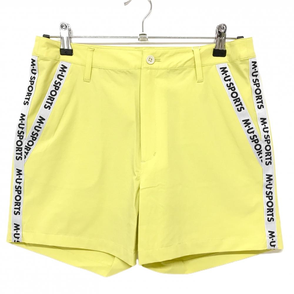 【新品】MUスポーツ ショートパンツ イエロー系×ライトグレー ロゴライン ボーンワッペン レディース 44(XL) ゴルフウェア M・U SPORTS