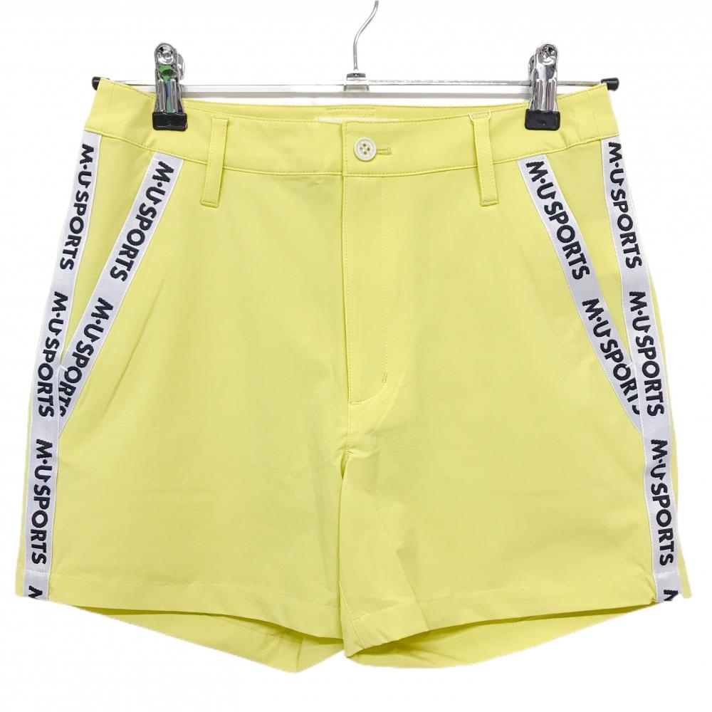 【新品】MUスポーツ ショートパンツ イエロー系×ライトグレー ロゴライン ボーンワッペン  レディース 42(L) ゴルフウェア M・U SPORTS