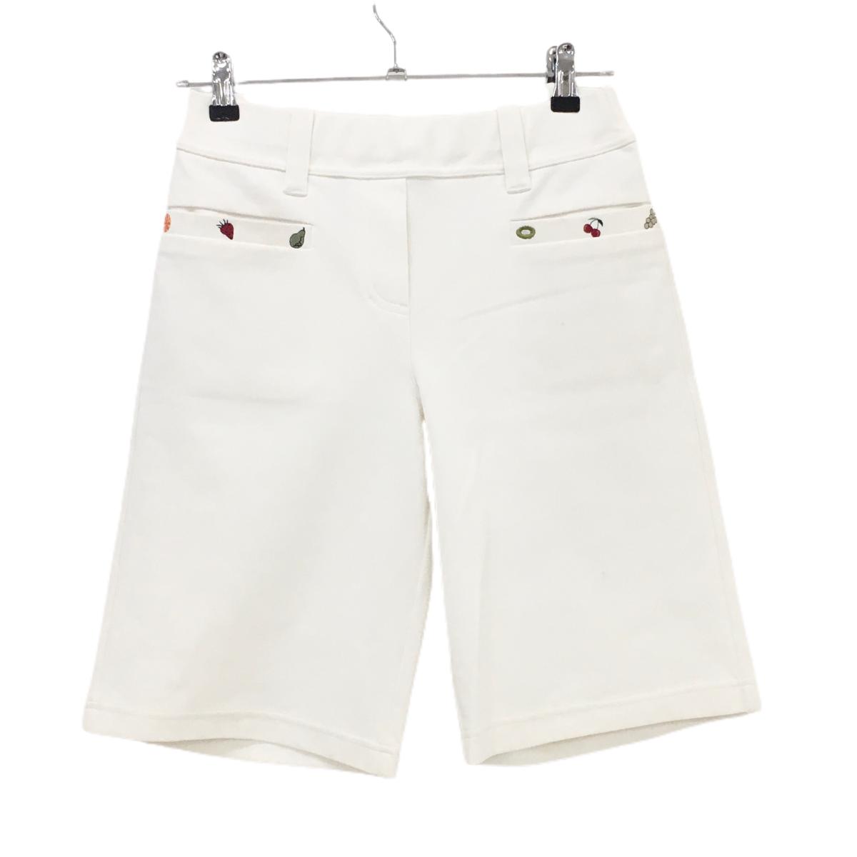 【超美品】ミエコウエサコ ショートパンツ 白 フルーツ刺しゅう ウエストゴム  レディース 40(M) ゴルフウェア M・U SPORTS