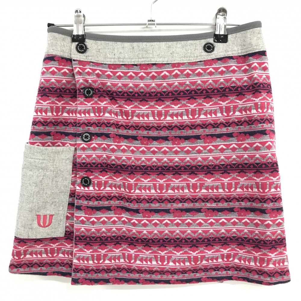 【超美品】MUスポーツ リバーシブル巻きスカート グレー×ピンク 総柄 裏杢グレー  レディース 38(S) ゴルフウェア M・U SPORTS