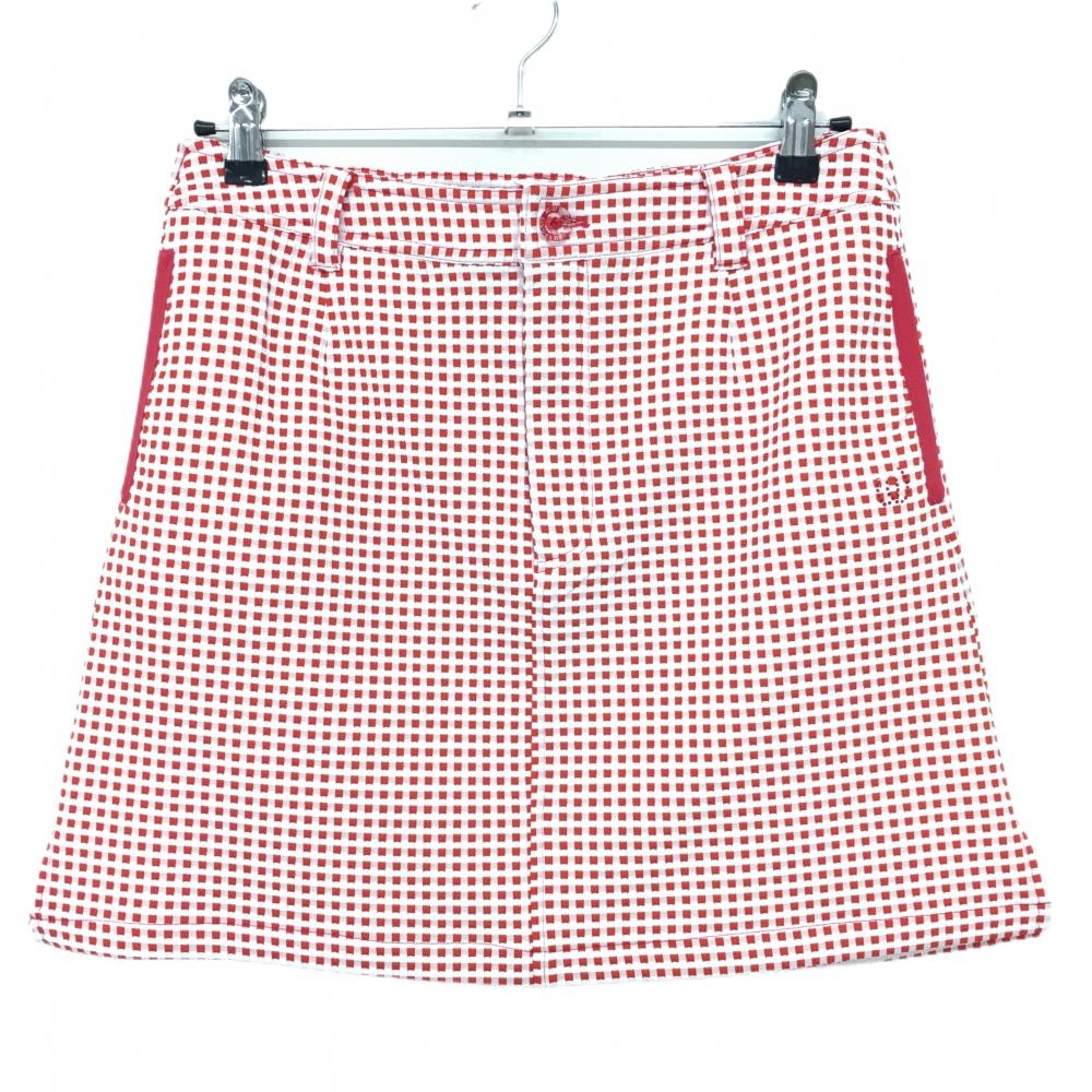 【超美品】MUスポーツ スカート 白×レッド 格子柄織生地 ウエスト後ろゴム ストレッチ レディース 44(XL) ゴルフウェア M・U SPORTS